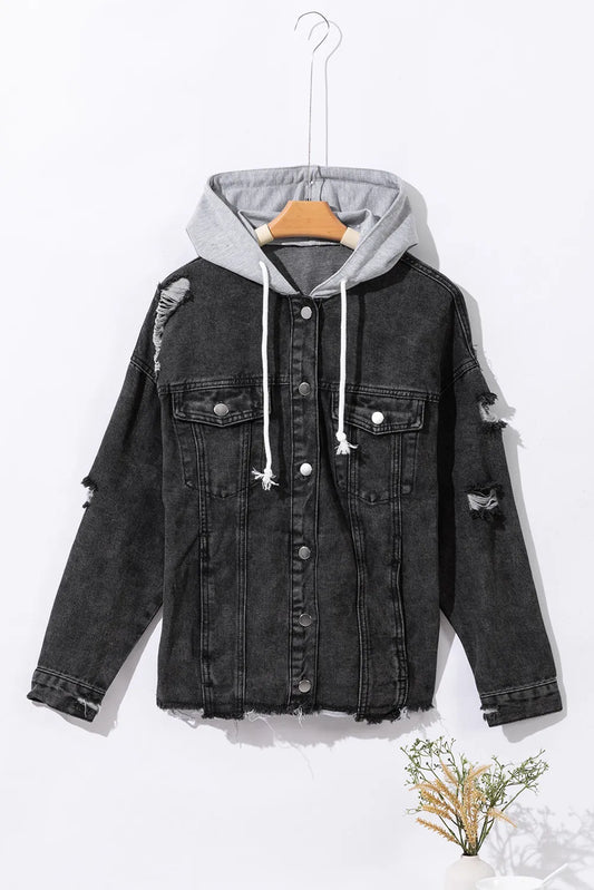 "Do it anyway " Distressed Drawstring,  Hooded Denim Jacket